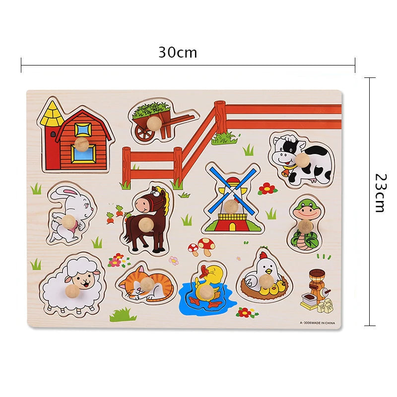 Montessori Wooden Peg Puzzles – 3D Cartoon Animal & Fruit Educational Toys
