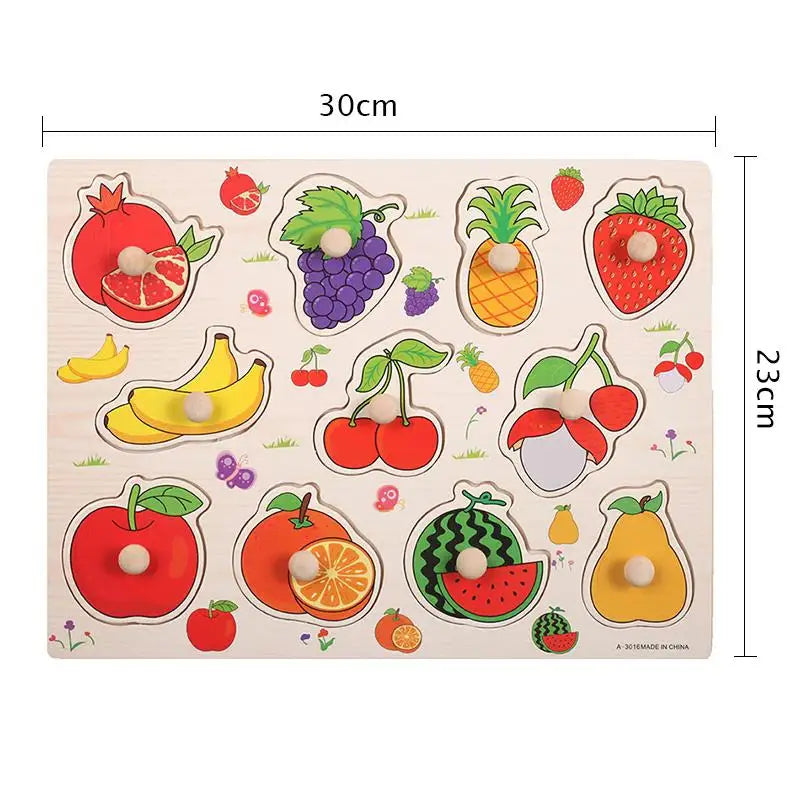Montessori Wooden Peg Puzzles – 3D Cartoon Animal & Fruit Educational Toys