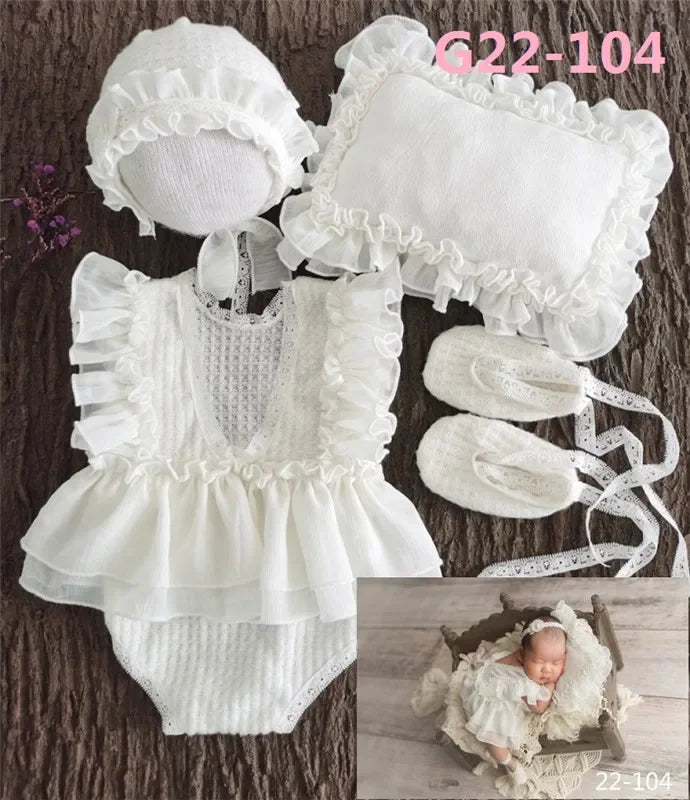 Baby Newborn Photography Props Baby Girl Lace Dress Romper Bodysuits Outfit Hat Headband