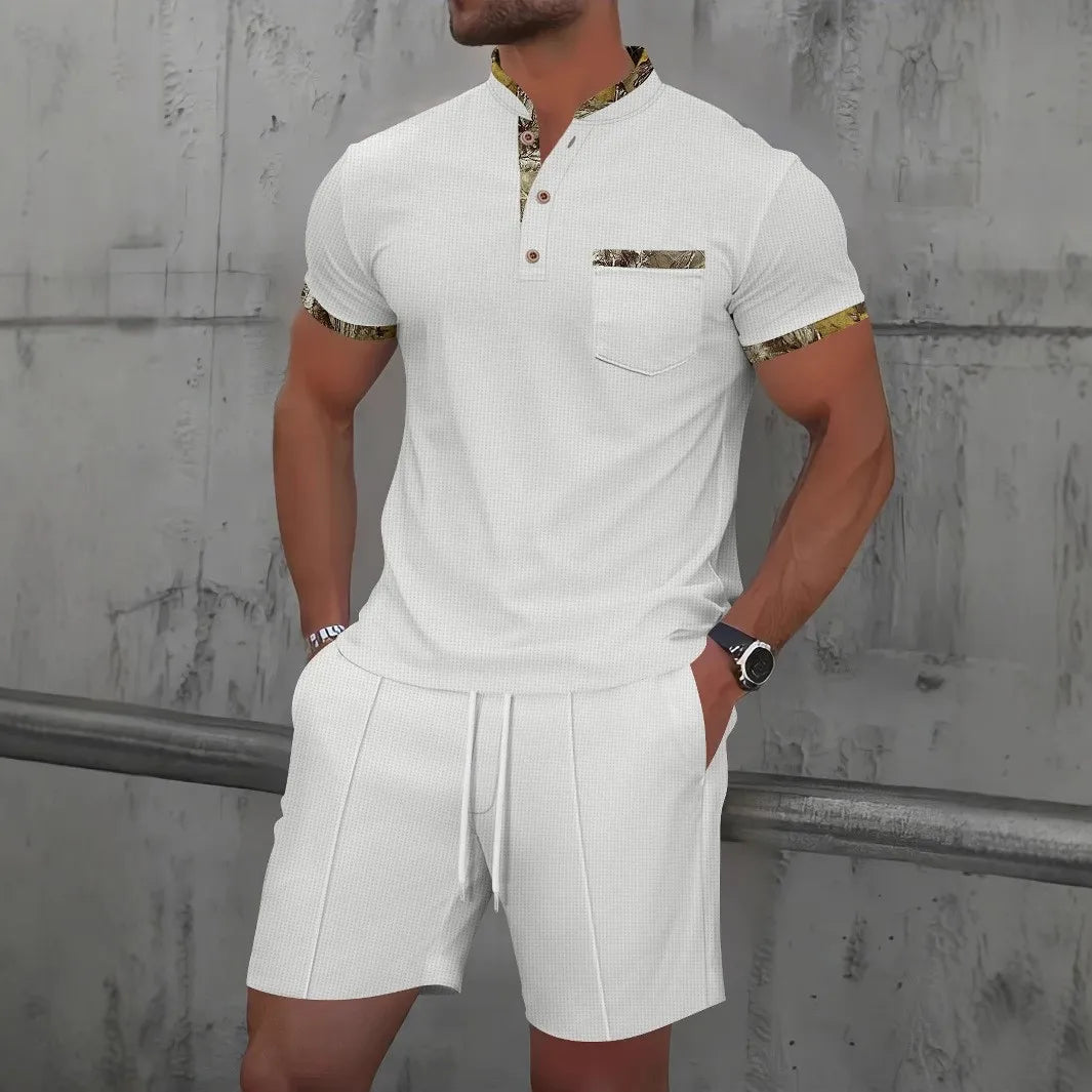 2025 Men Europe and the United States Waffle solid color zip-up lapel short-sleeve