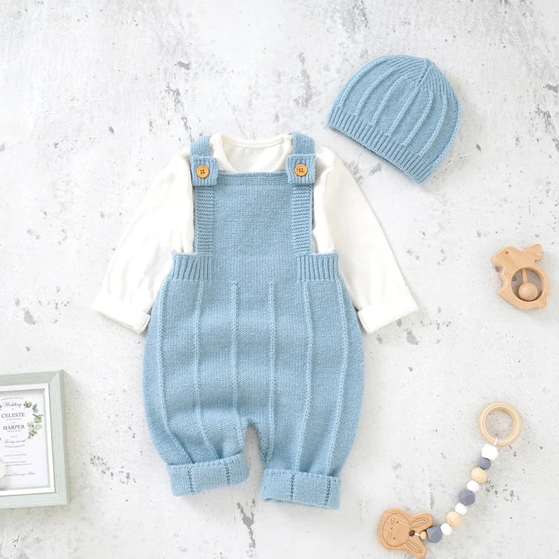 Knitted Baby Romper & Hat Set – Sleeveless Strap Jumpsuit for Newborn Boys & Girls