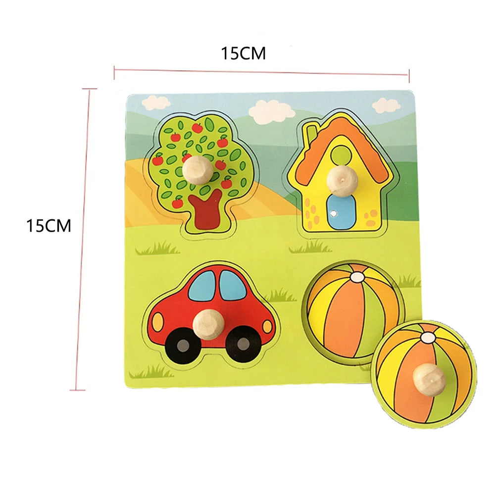 Montessori Wooden Peg Puzzles – 3D Cartoon Animal & Fruit Educational Toys