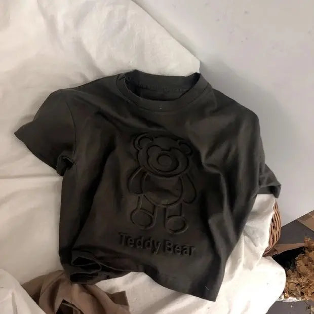 T-shirt infantil Urso com desenho animado – T-shirt leve de algodão para meninos e meninas