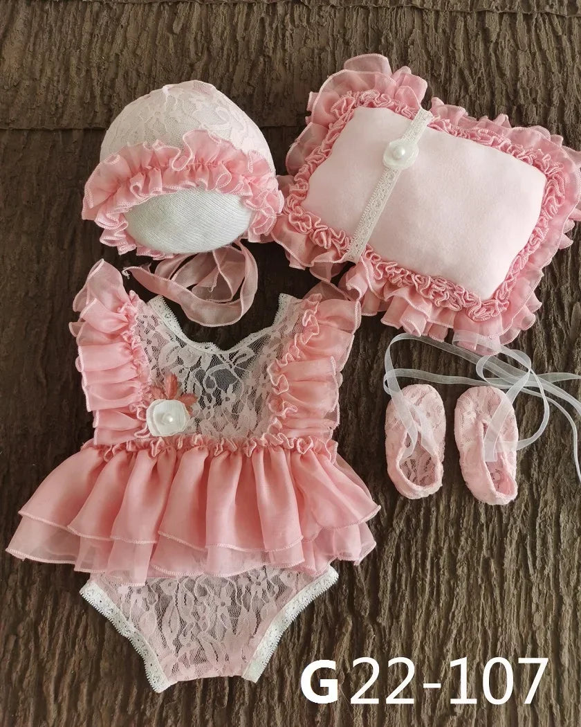 Baby Newborn Photography Props Baby Girl Lace Dress Romper Bodysuits Outfit Hat Headband