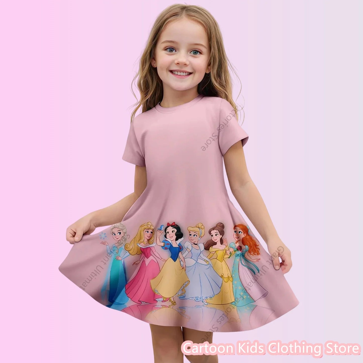 Girls’ Cartoon Princess Dress – 3D Cinnamoroll & Hello Kitty Short Sleeve Outfit