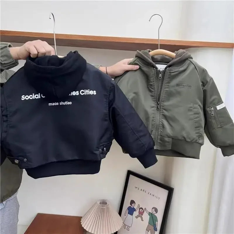 2025 Kids’ Hooded Jacket – Windproof & Rainproof Patchwork Coat for Boys