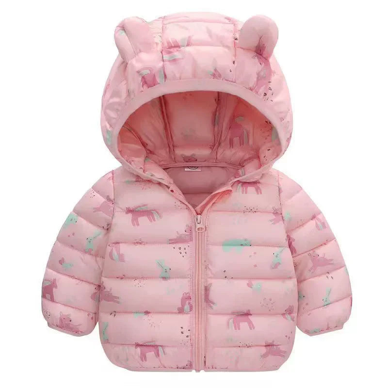 Casaco de inverno com penas para criança – Casaco grosso com capuz para menino e menina (de bebé a criança)