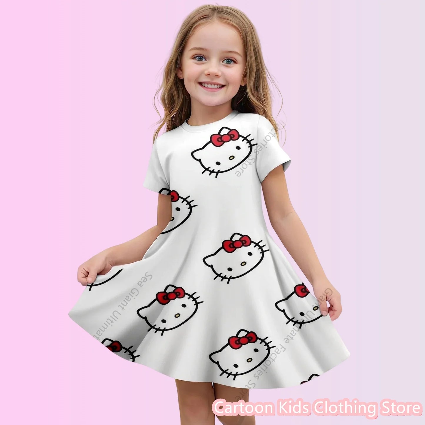Girls’ Cartoon Princess Dress – 3D Cinnamoroll & Hello Kitty Short Sleeve Outfit
