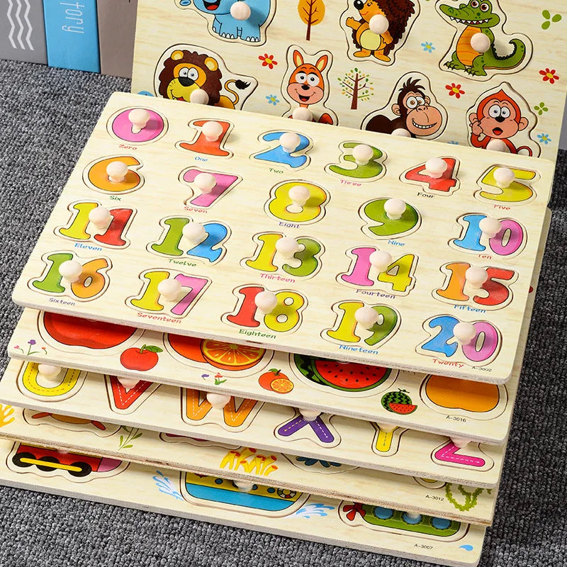Montessori Wooden Peg Puzzles – 3D Cartoon Animal & Fruit Educational Toys