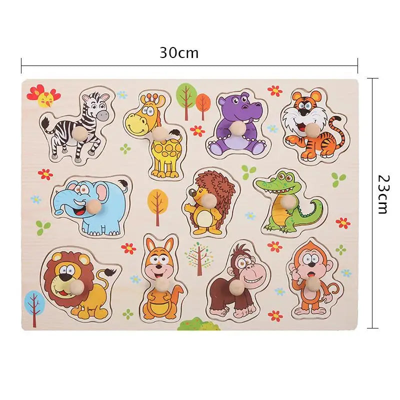 Montessori Wooden Peg Puzzles – 3D Cartoon Animal & Fruit Educational Toys