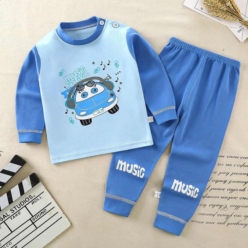 Conjunto de pijama infantil em algodão – Pijama de outono/inverno com estampado de desenhos animados para meninos e meninas