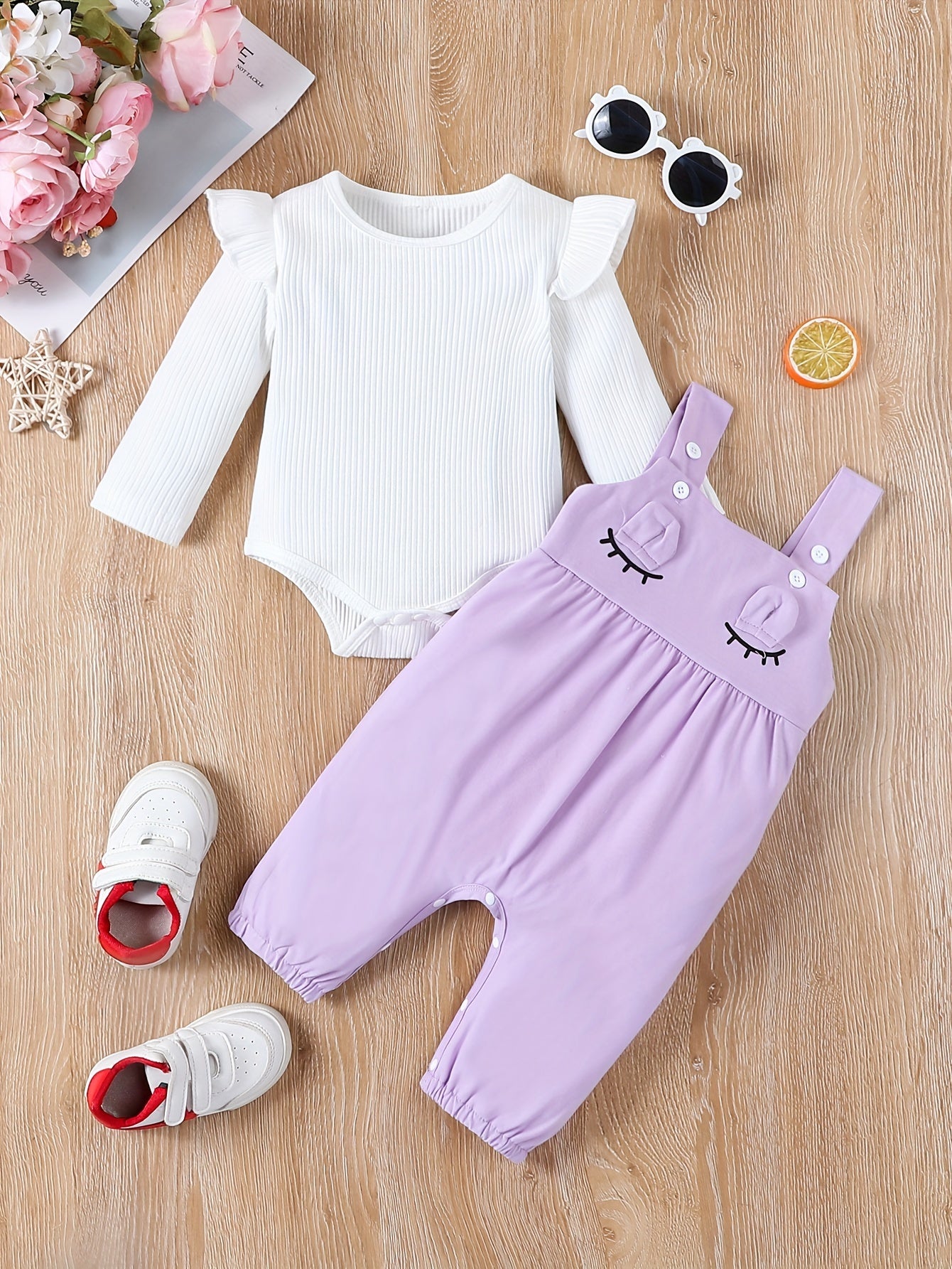 Girls' Two-Piece Suspender Bodysuit Set – Cute Triangle Design with 3D Ears, Autumn/Winter Outfit