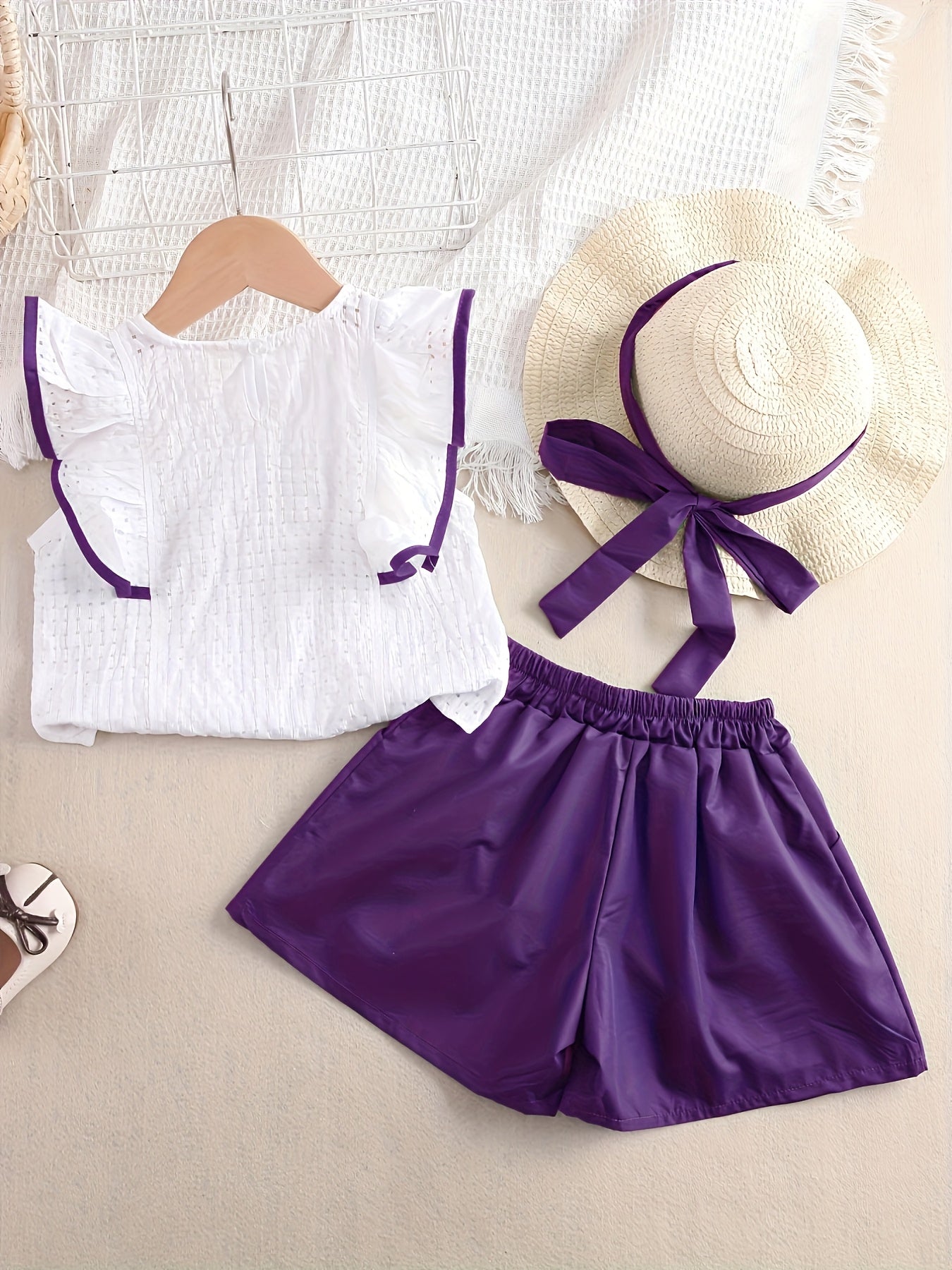 Girls’ Summer 2PCS Outfit – Ruffled Top & Button Shorts with Hat