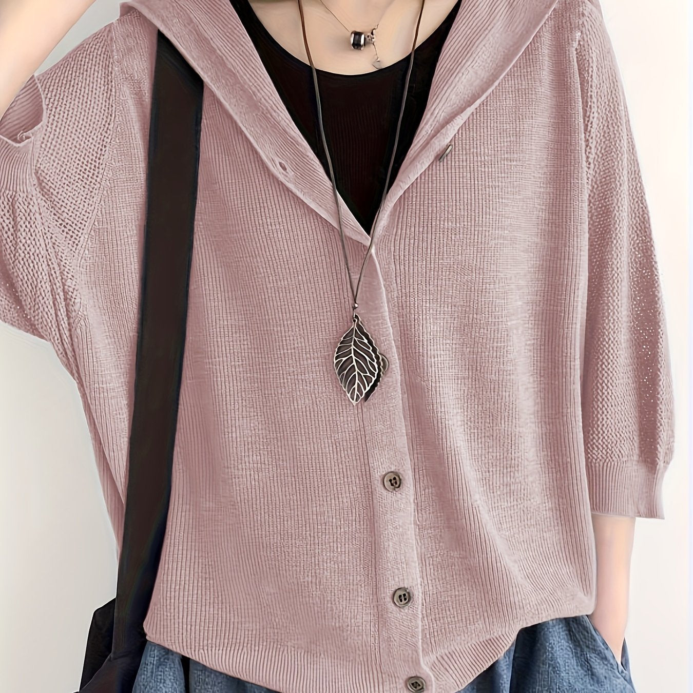 Women’s Lightweight V-Neck Cardigan – Hollow-Out 3/4 Sleeves, Stylish Spring & Fall Layer