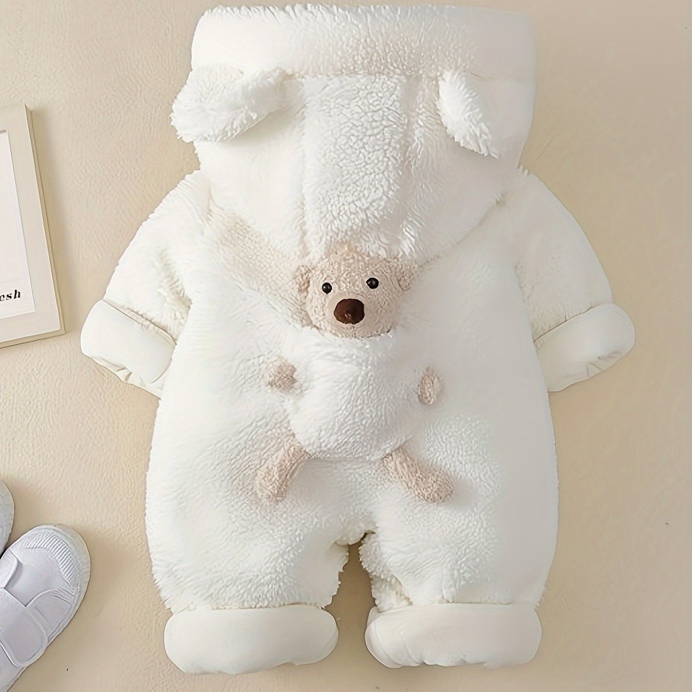 Baby Winter Hooded Jumpsuit – Warm Bear Decor Outfit for Newborn Boys & Girls, Suitable for Indoor & Outdoor Wear