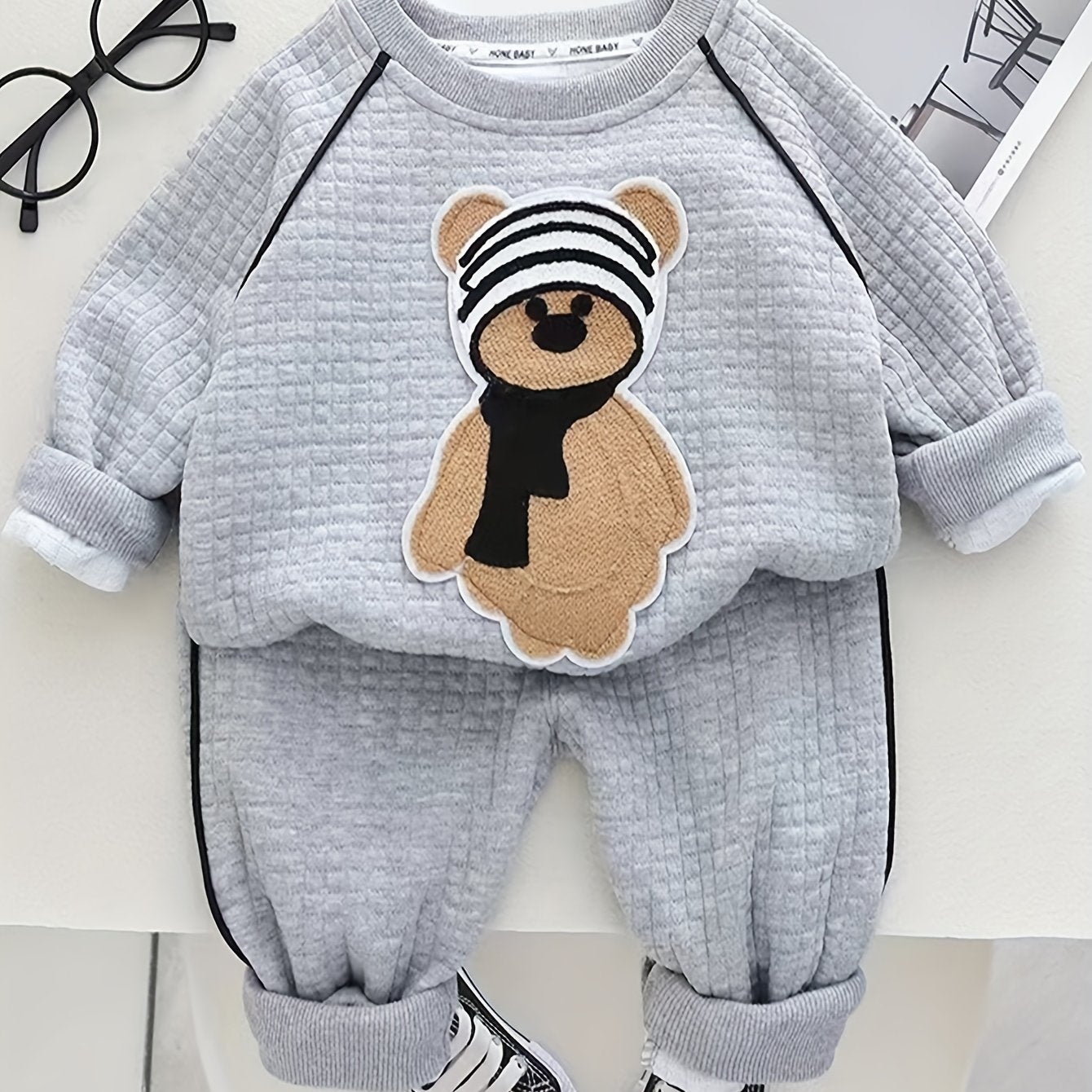 Kids’ 2PCS Autumn Outfit – Bear Sweatshirt & Sweatpants Set, Casual Everyday Wear