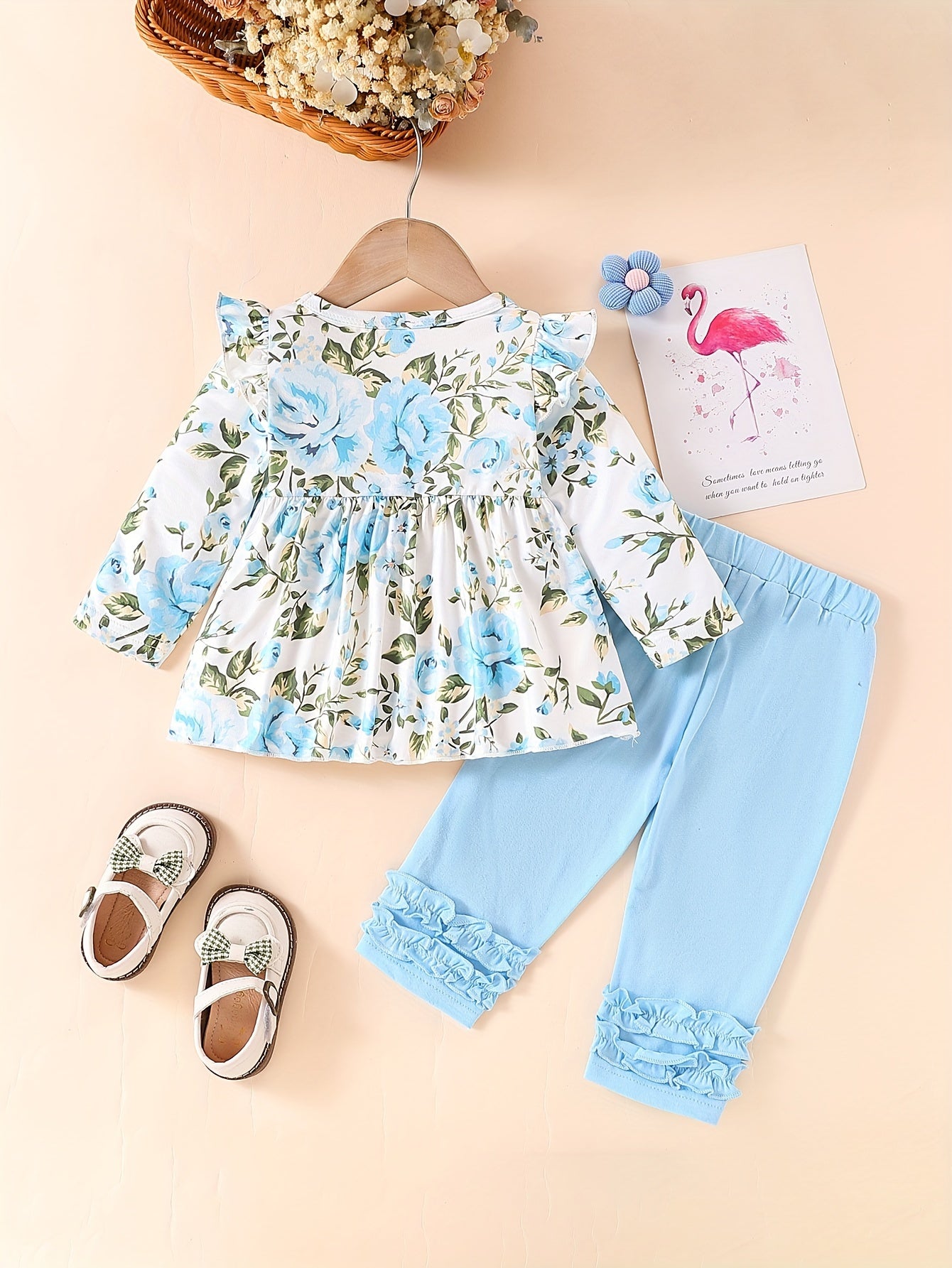 Girls' Blue Floral Long-Sleeve Top & Lace-Trim Pants Set