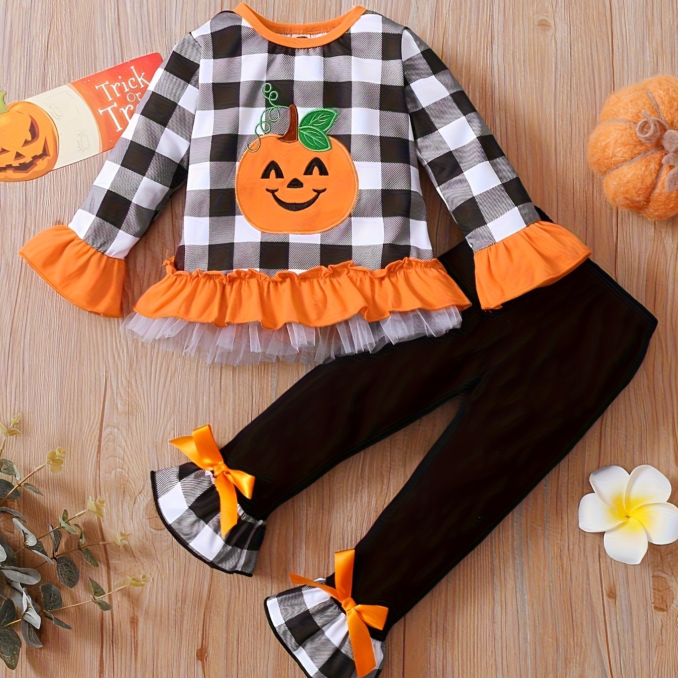 🎃 Girls' Halloween Plaid Pumpkin Outfit – 2pcs Mesh Top & Flare Bow Pants Set