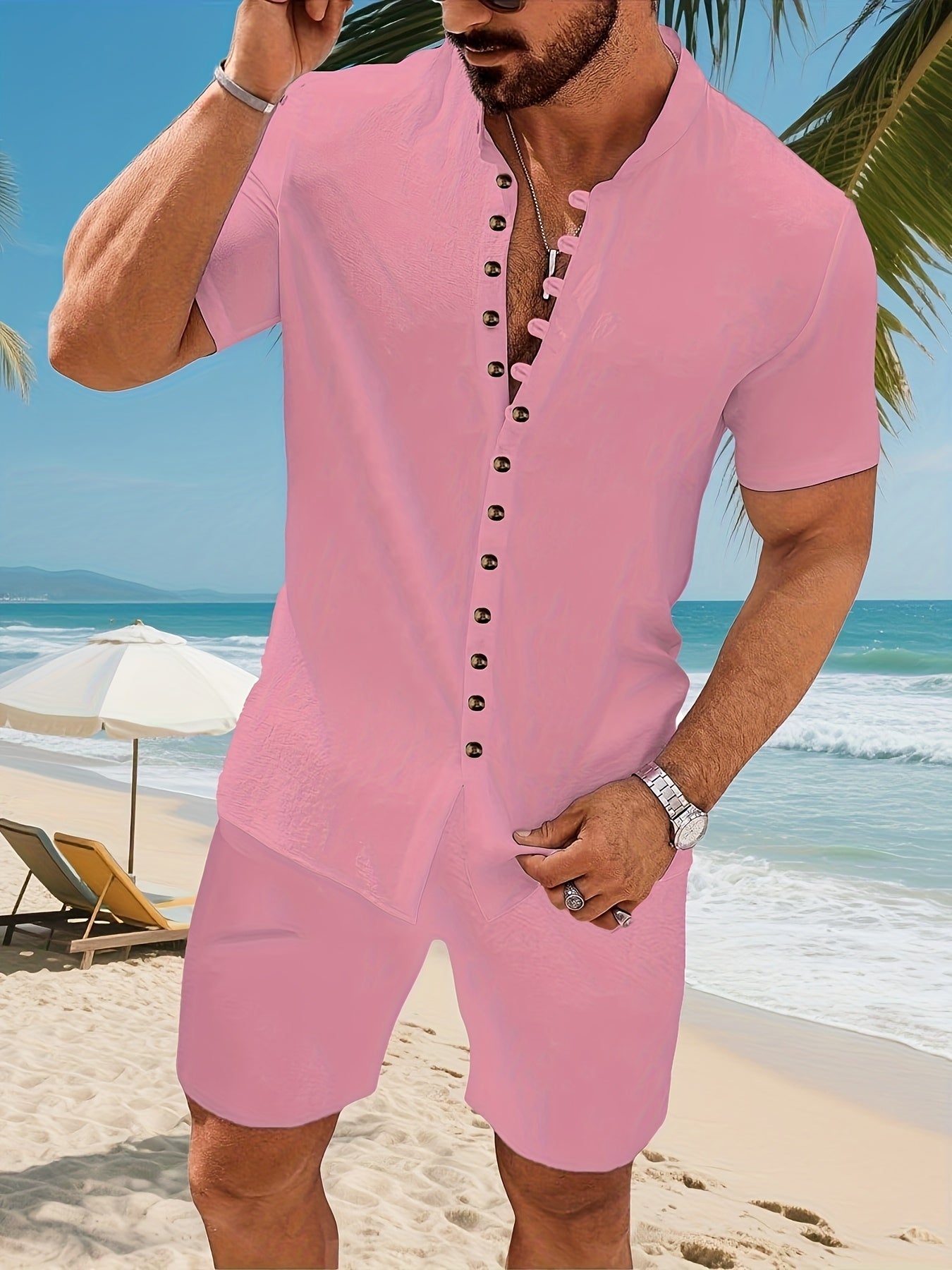 Men's Cotton Casual Two-Piece Set – Stand Collar Short Sleeve Shirt & Elastic Waist Shorts, Summer Beach or Workwear Outfit