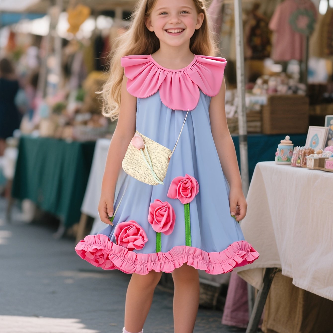 🌸 Girls’ Floral Dress – Light Blue & Pink Party Outfit