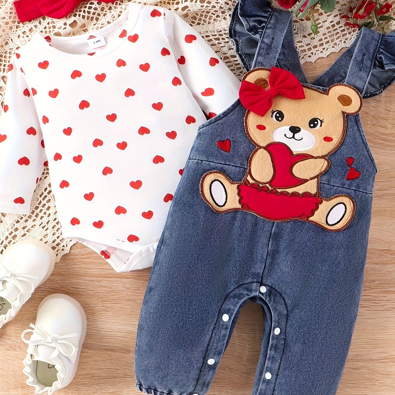 Baby Girl Two-Piece Outfit – Bear Romper & Denim Strap Pants, 0-18 Months