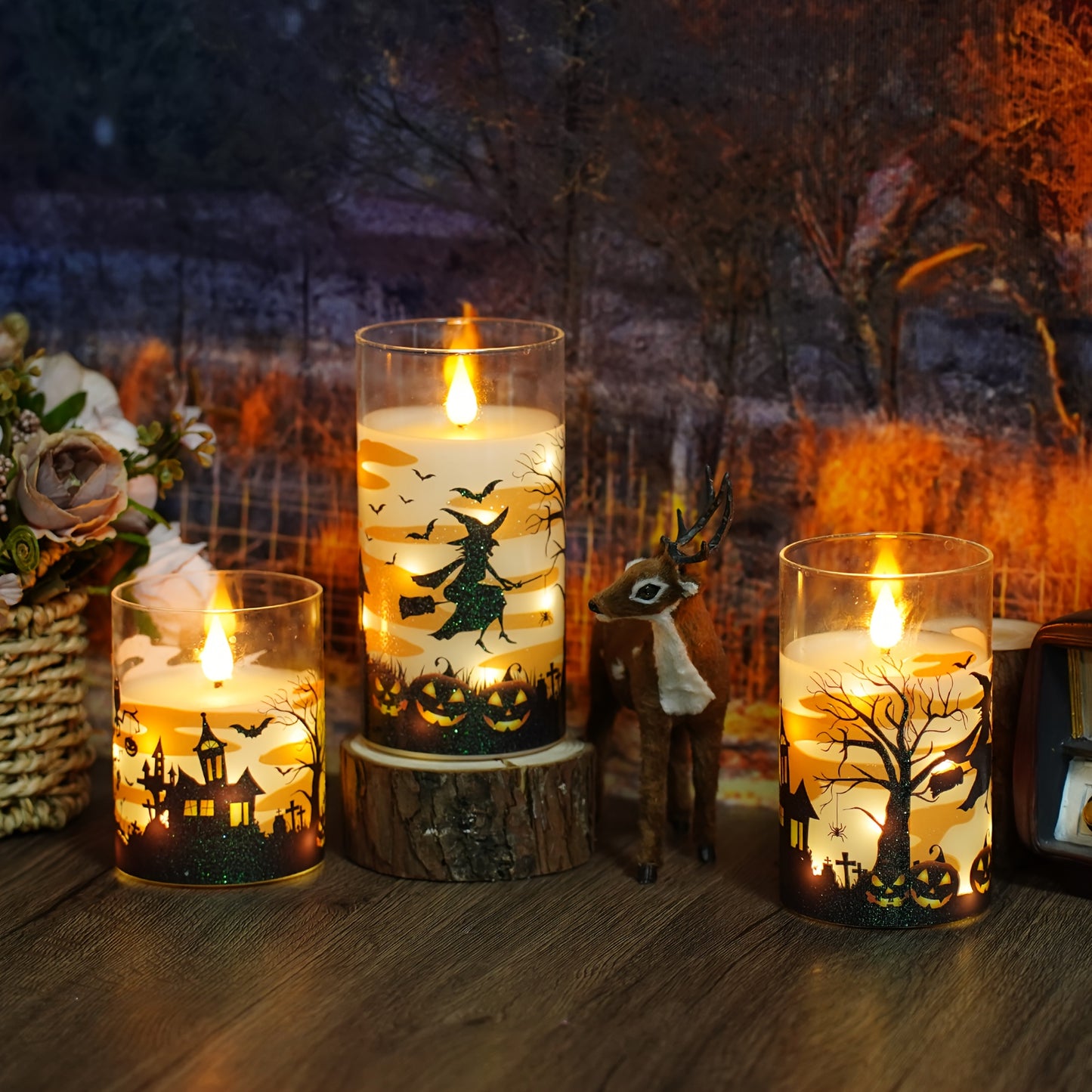 🕯️ 3pcs Halloween Candles – Glittery Witch Hat & Haunted House