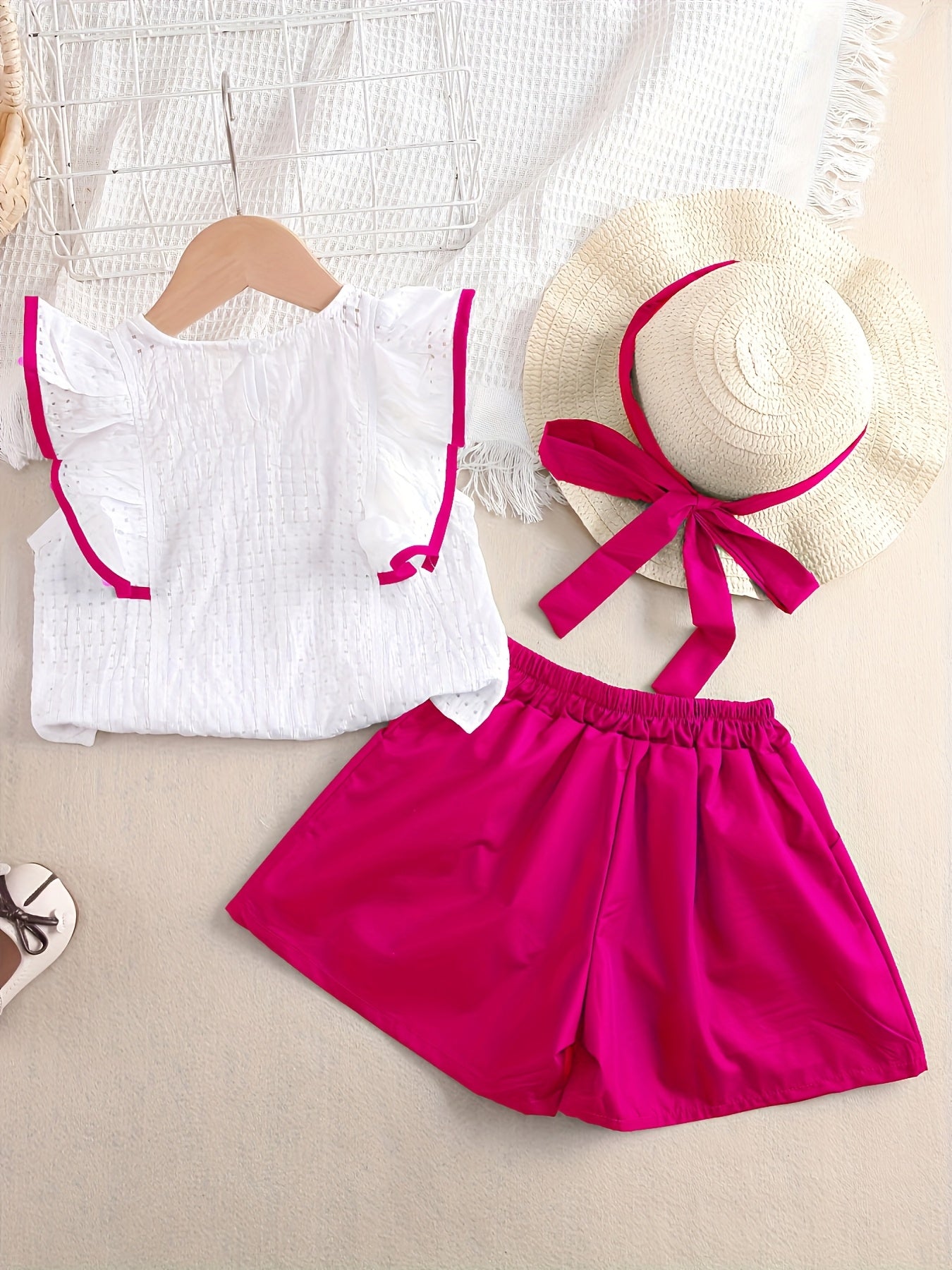 Girls’ Summer 2PCS Outfit – Ruffled Top & Button Shorts with Hat