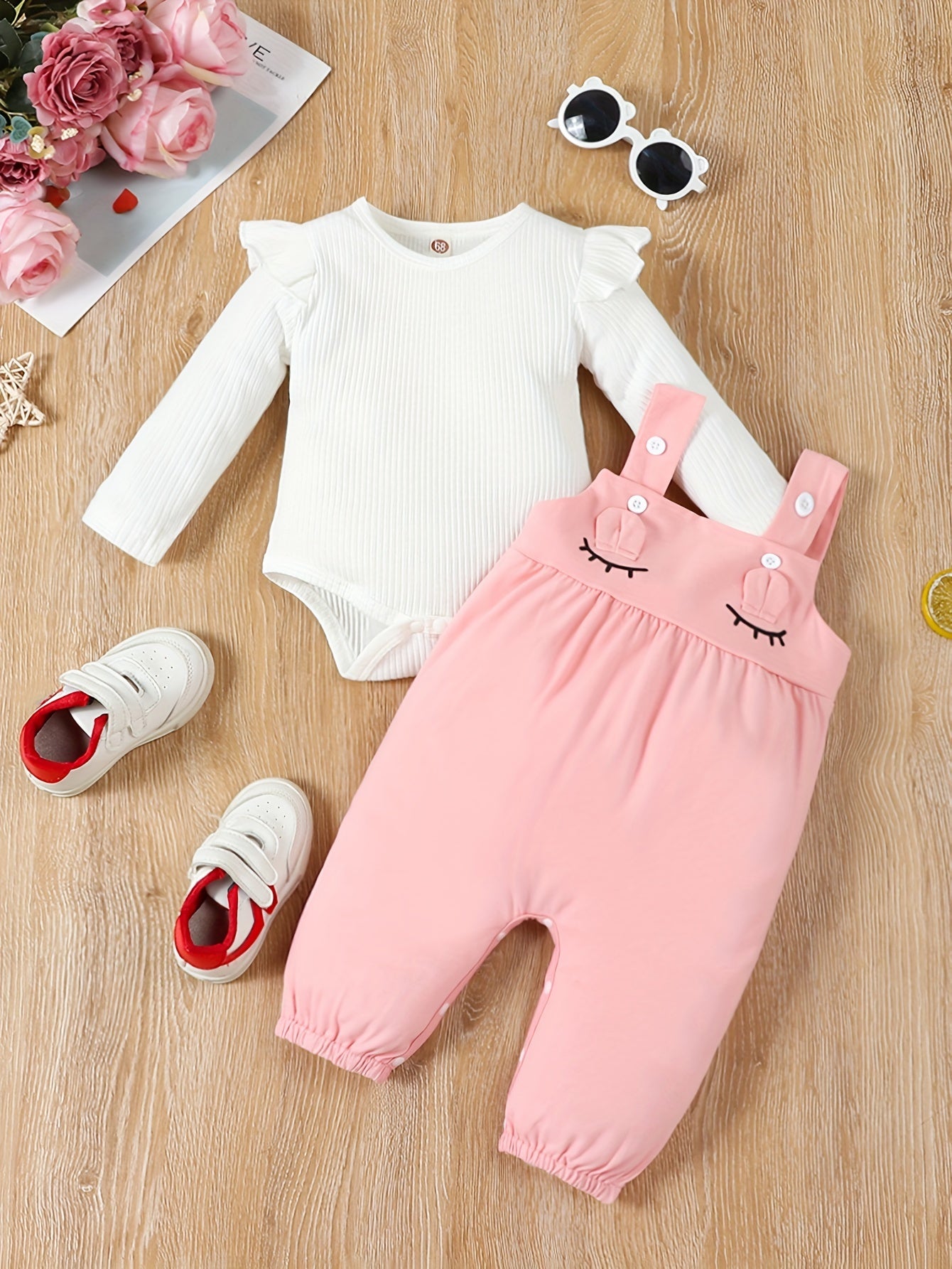 Girls' Two-Piece Suspender Bodysuit Set – Cute Triangle Design with 3D Ears, Autumn/Winter Outfit
