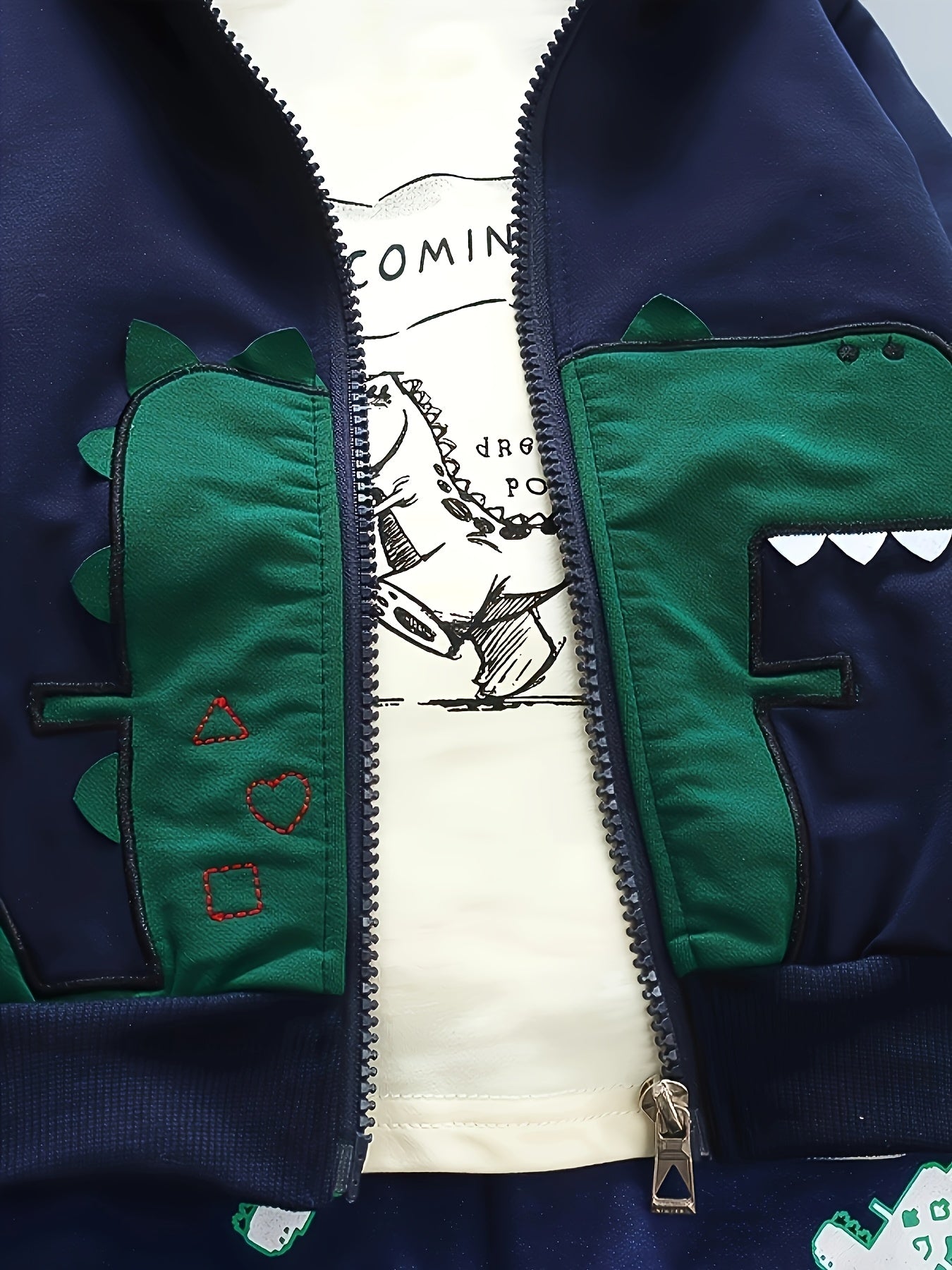 Boys’ 3PCS Outfit – Hooded Dinosaur Jacket & Pullover Pants Set for Outdoor