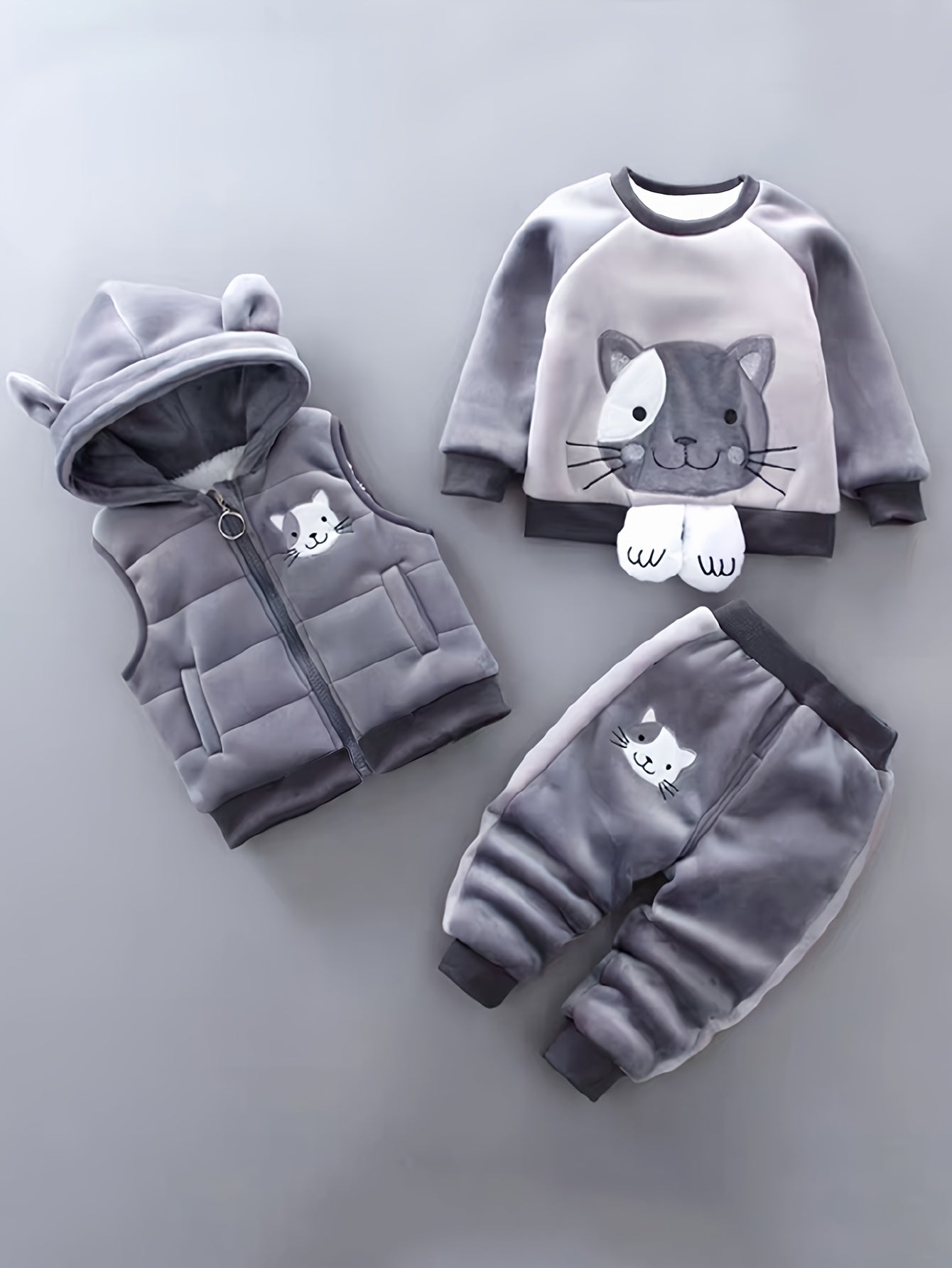 🐱 3pcs Cozy Cat Hoodie Set – Winter Outfit for Girls