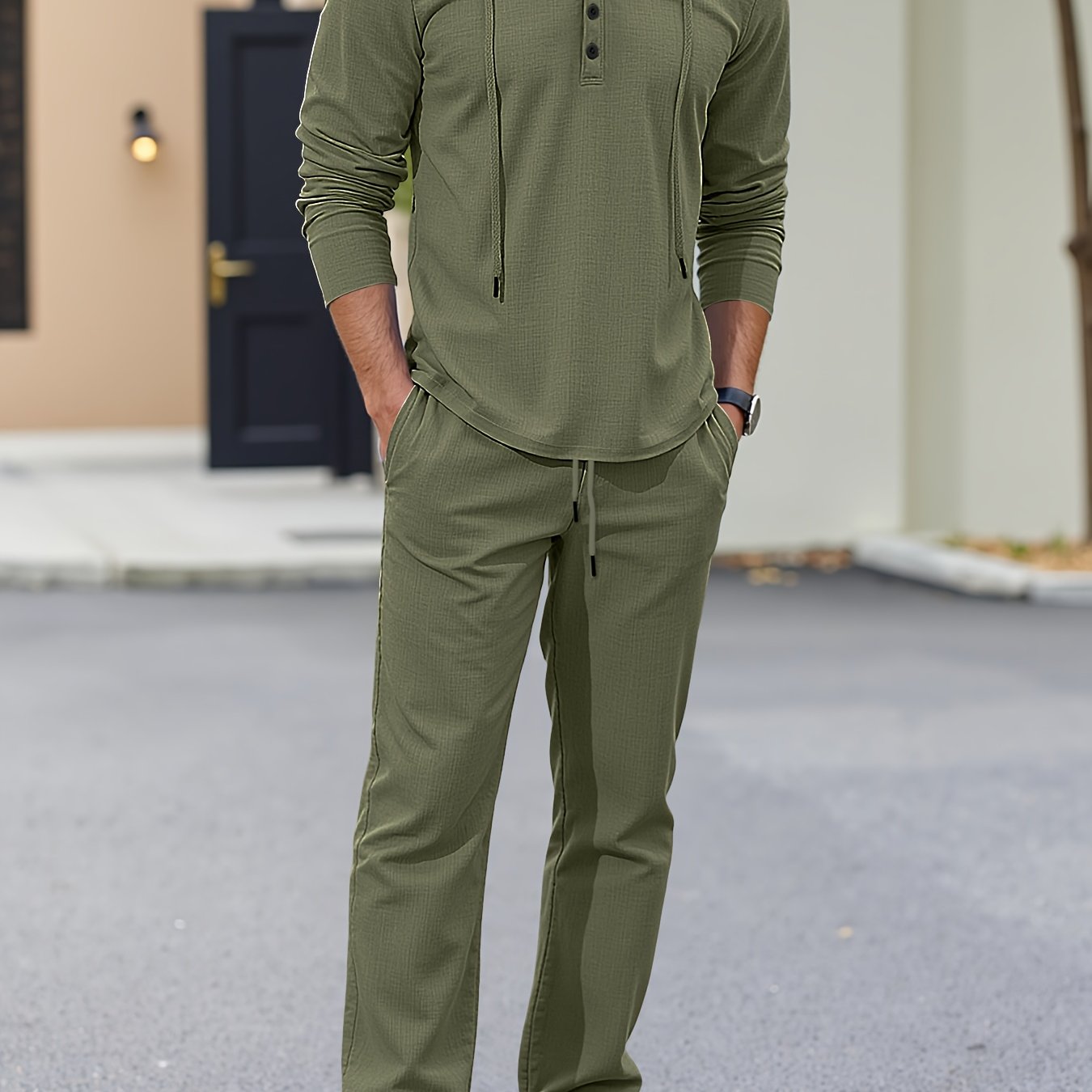 Men’s Summer Linen 2pcs Set – Hooded Long Sleeve Shirt & Drawstring Pants