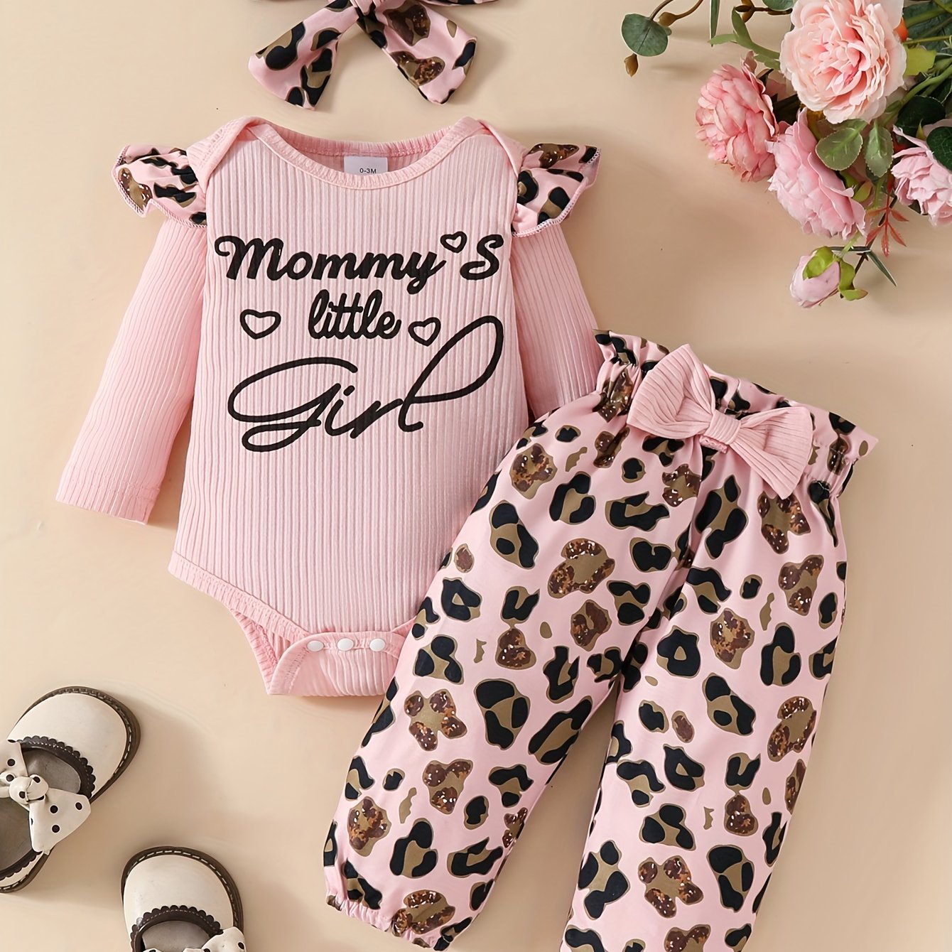 ✨ 3pcs Ribbed Baby Outfit – Long-Sleeve Top, Pants & Headscarf Set