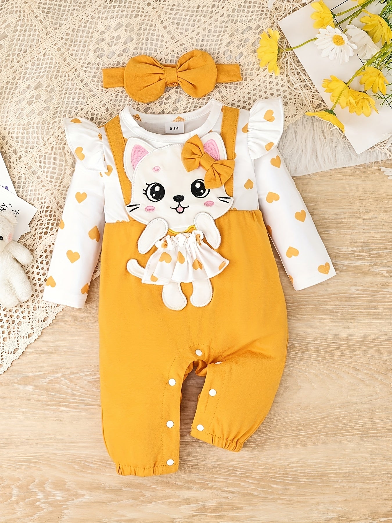 Conjunto de macacão 2 peças para bebé 0–18 meses – Macacão de manga comprida com folha de lótus e chapéu, bordado de gatinho de desenho animado para outono/inverno