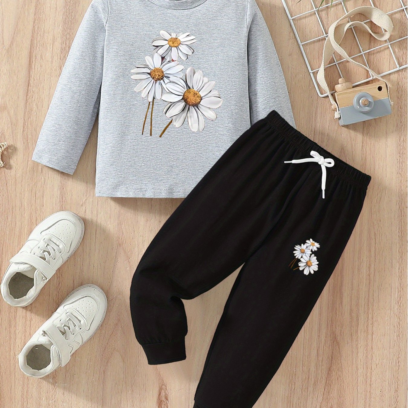 Girls’ 2PCS Outfit – Floral Print Long Sleeve Tee & Joggers, Comfy Fall/Winter Wear