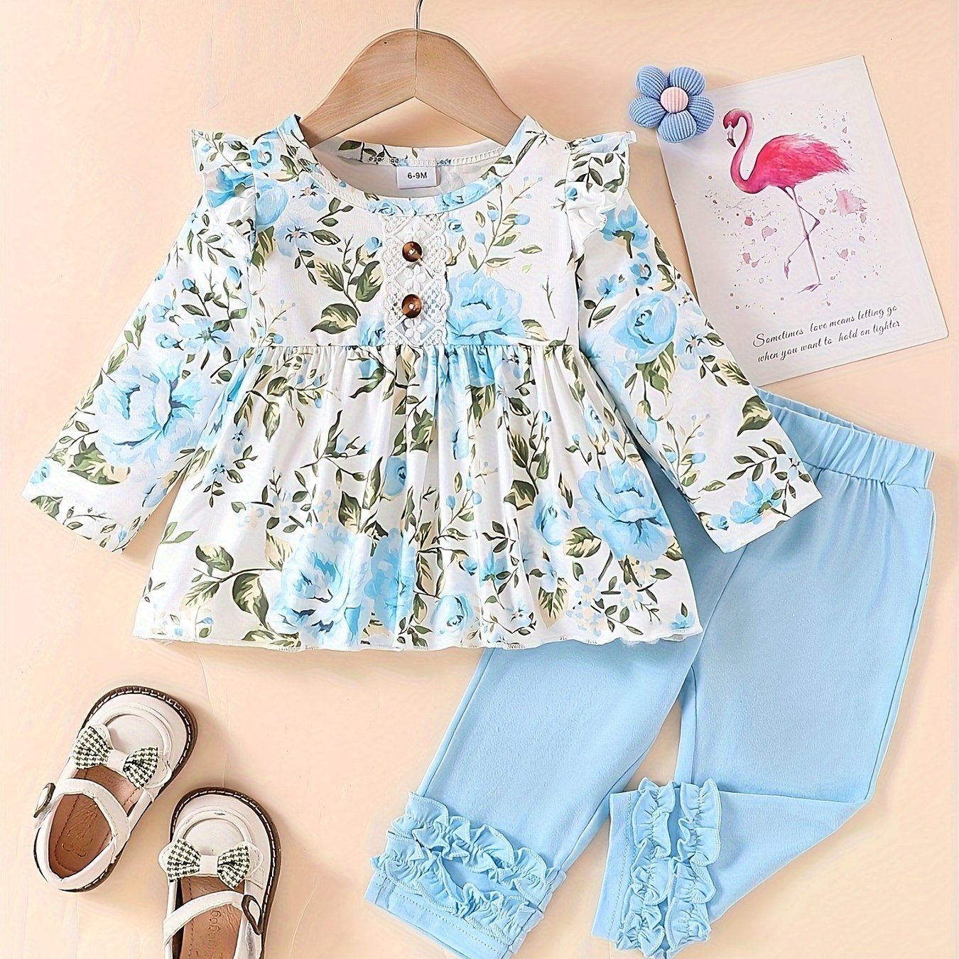 Girls' Blue Floral Long-Sleeve Top & Lace-Trim Pants Set