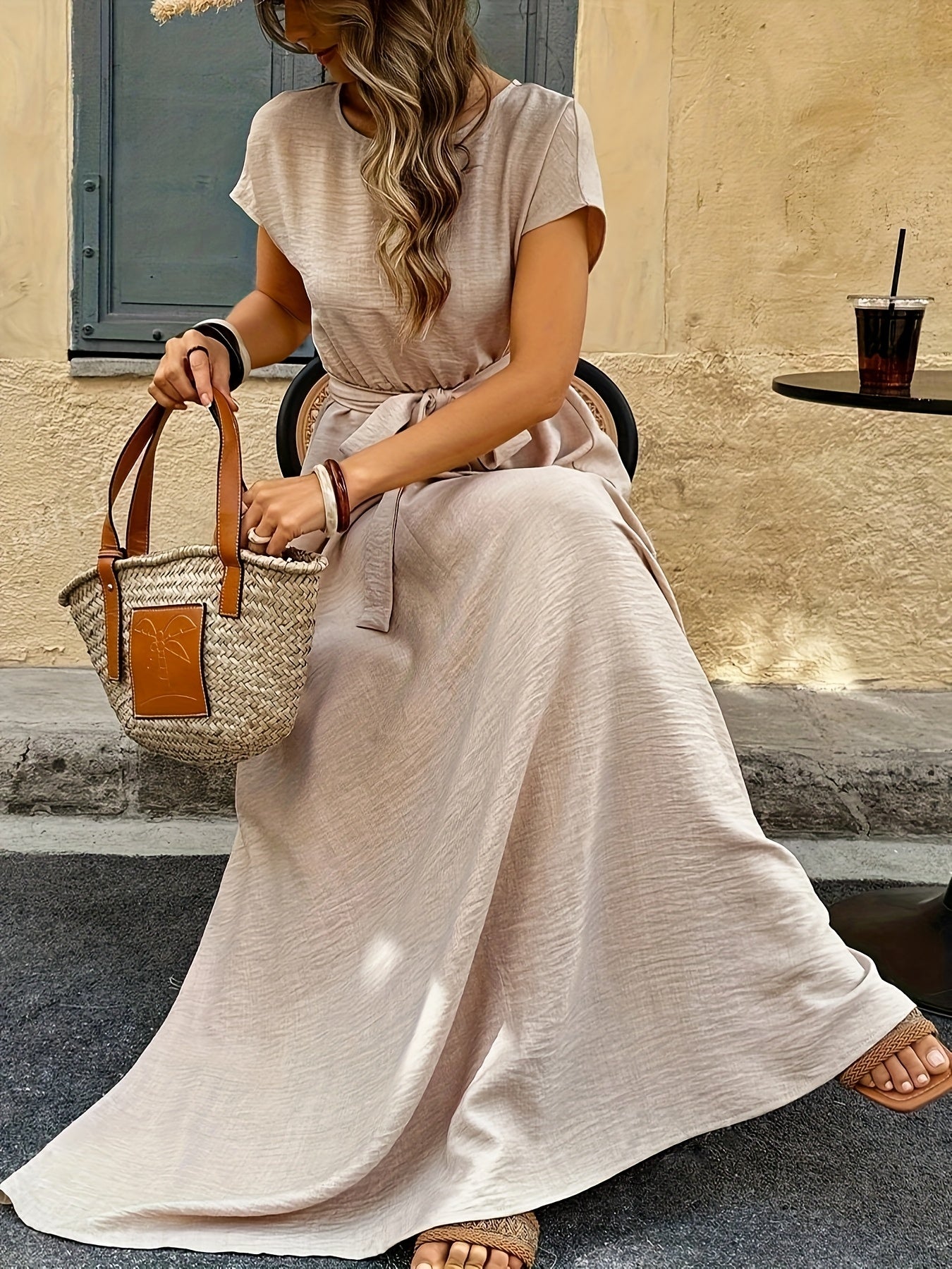 Women’s Elegant Maxi Dress – Belted Waist, Linen-Like, Perfect for Office & Special Occasions