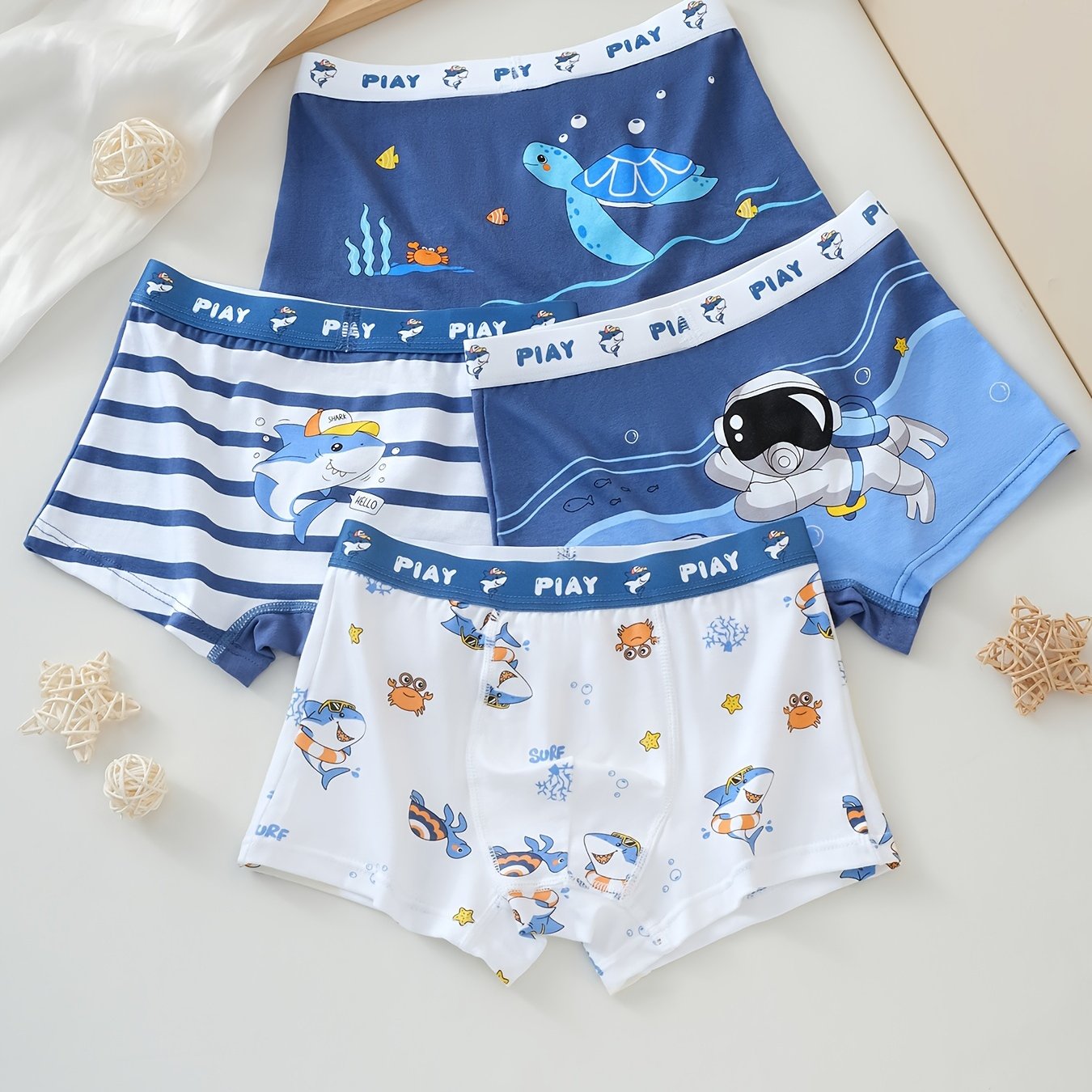Boys' Cartoon Underwater Boxer Briefs 4pcs – Soft Cotton, Marine Life Print