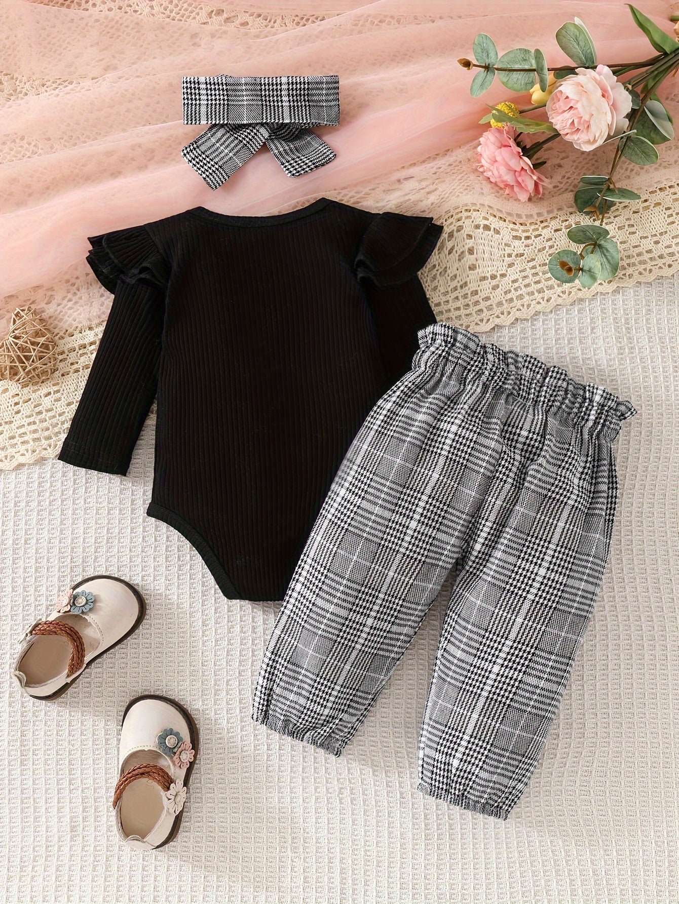 Baby Girl Three-Piece Outfit – Double-Layer Haori, Pants & Headscarf Set for Outdoor