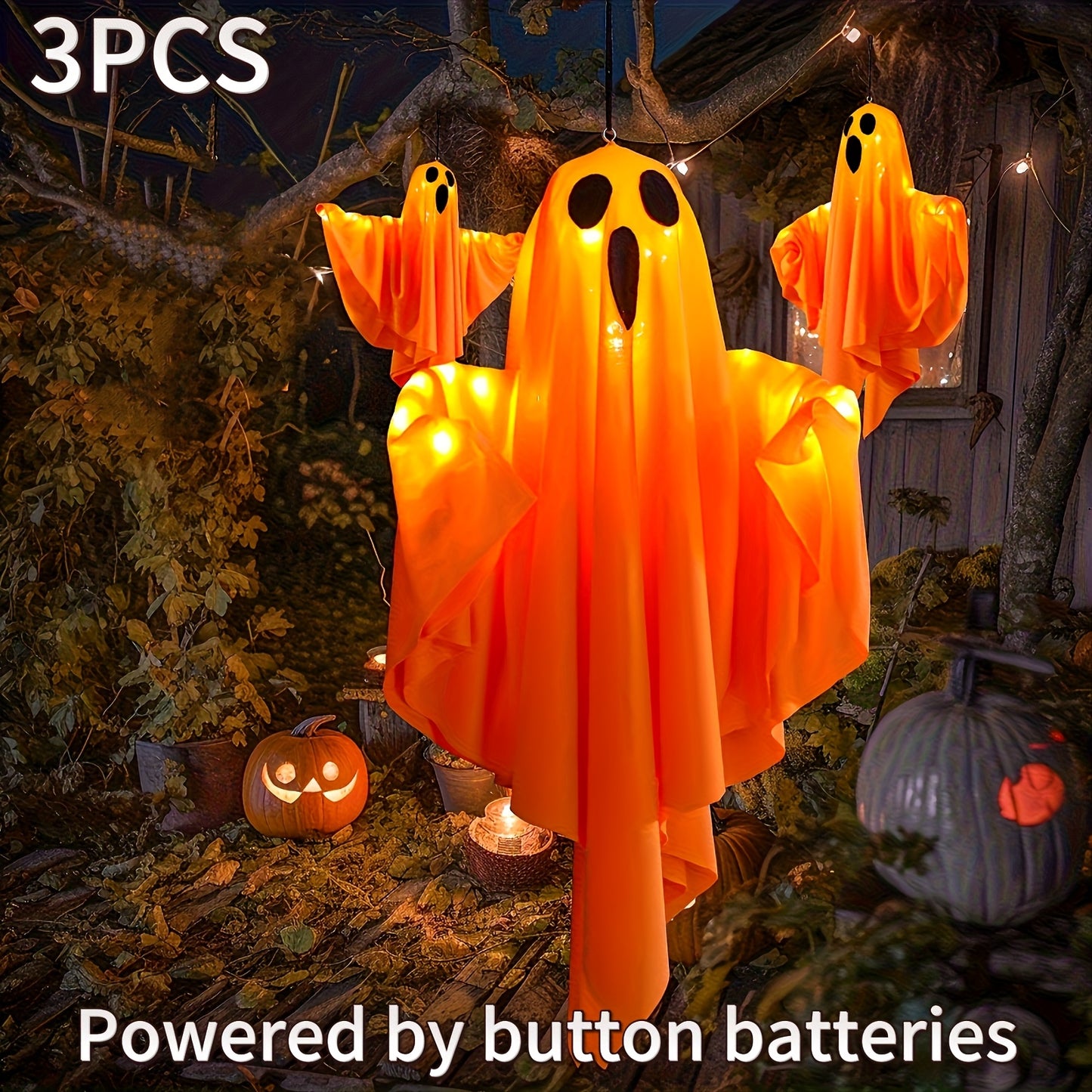 👻 3pcs Ghost LED Lights – Spooky Hanging Halloween Decor
