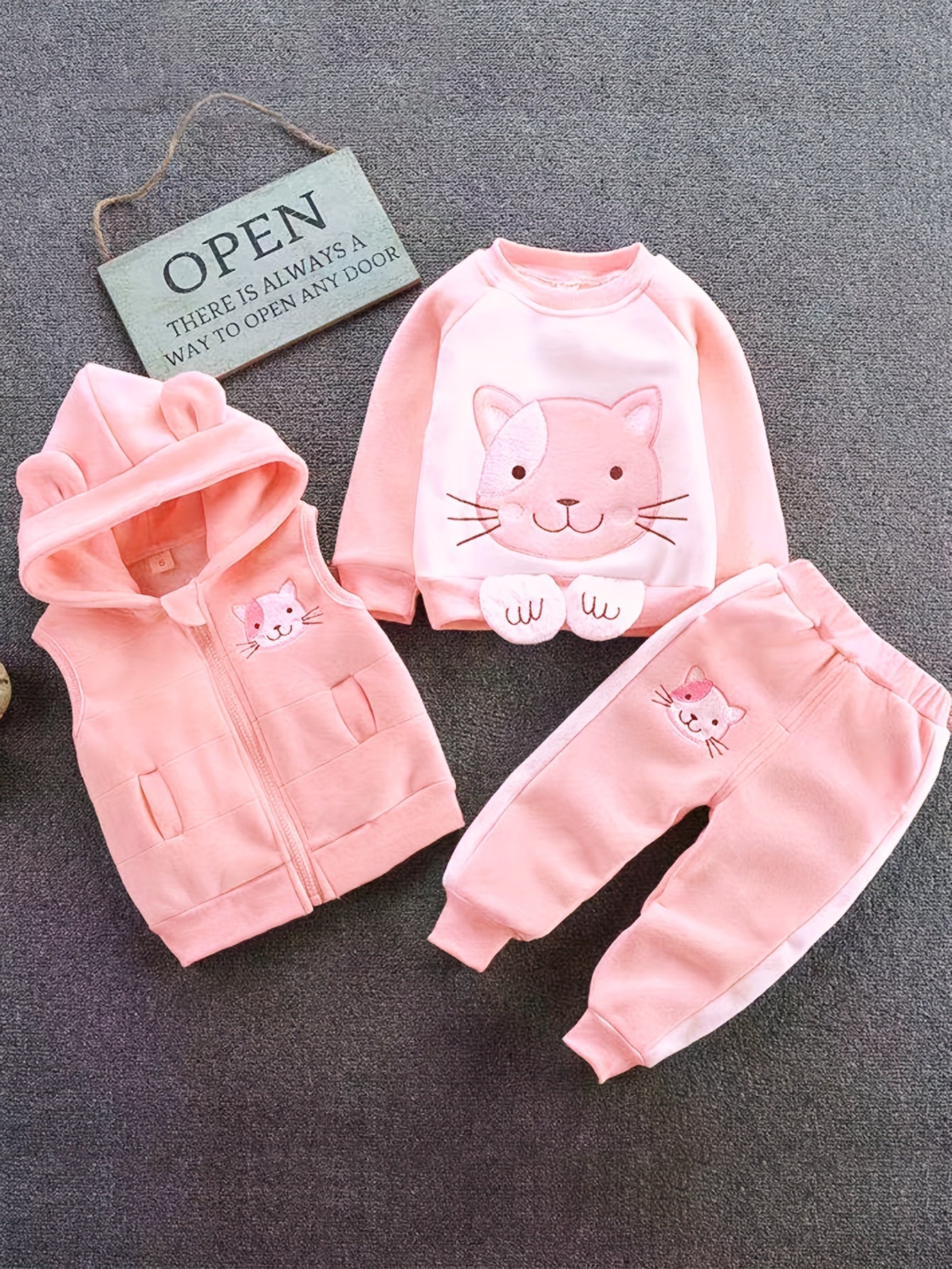 🐱 3pcs Cozy Cat Hoodie Set – Winter Outfit for Girls