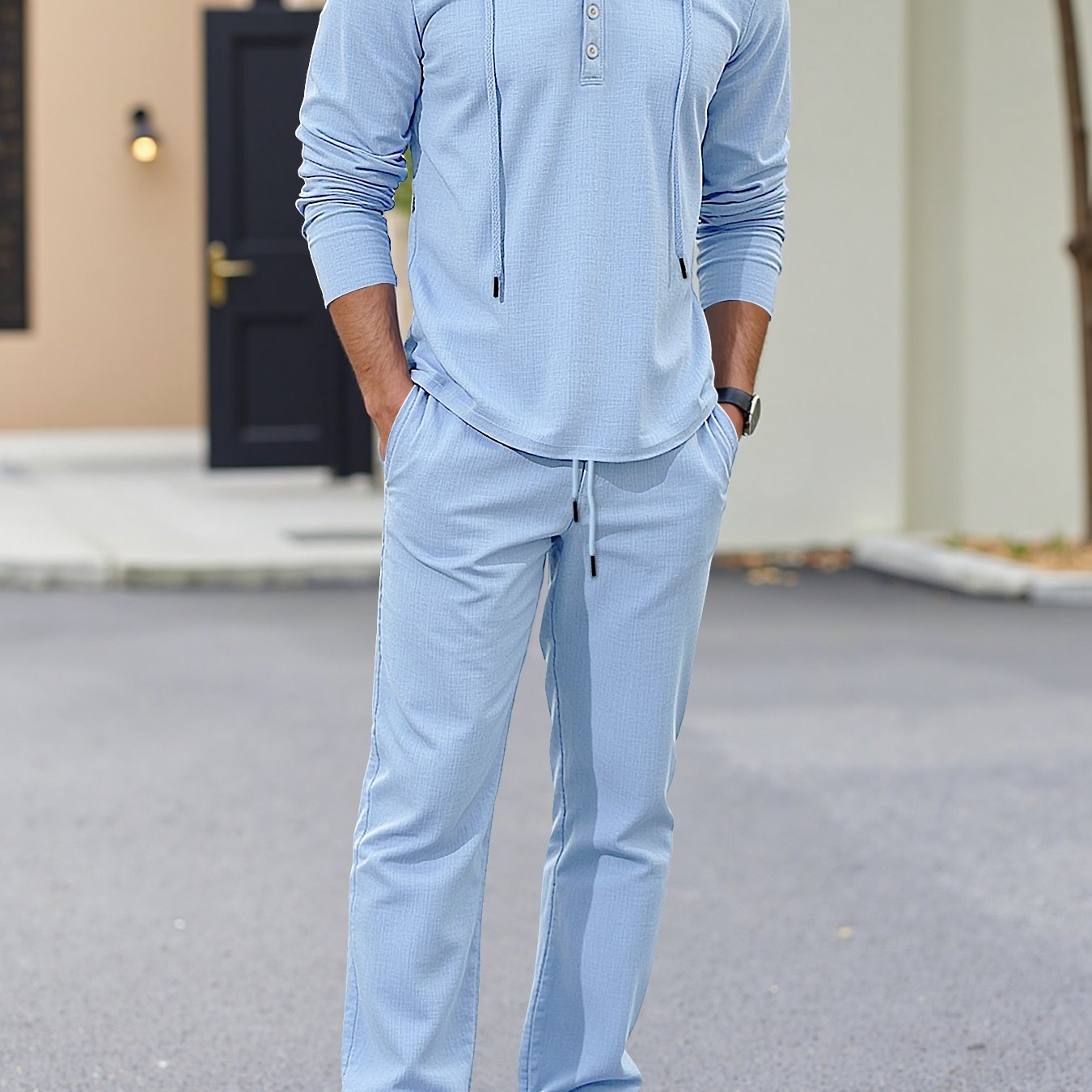 Men’s Summer Linen 2pcs Set – Hooded Long Sleeve Shirt & Drawstring Pants