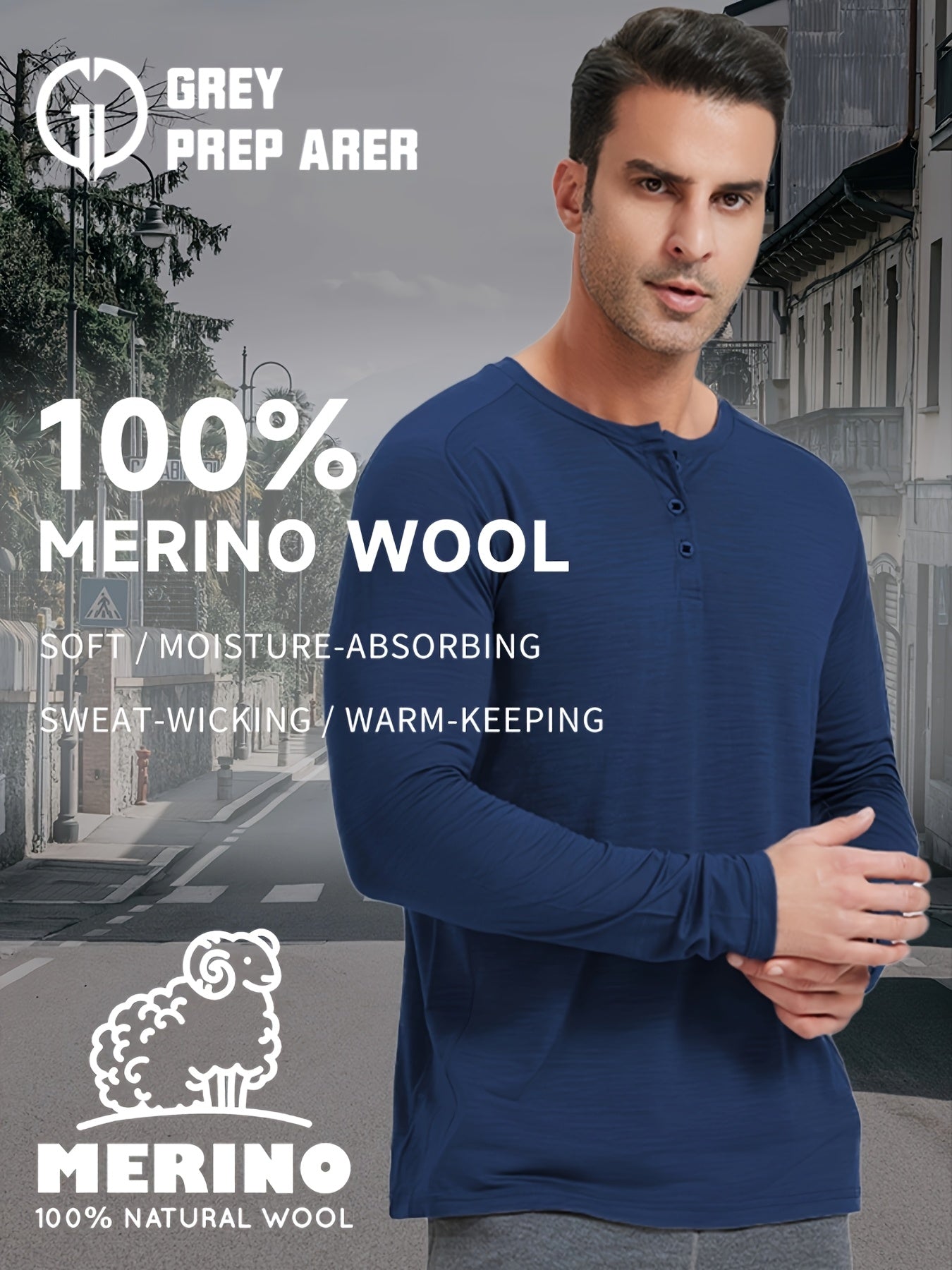 Men's Merino Wool Quick-Dry Long-Sleeve Henley Thermal Base Layer – Autumn/Winter Skiing Essential
