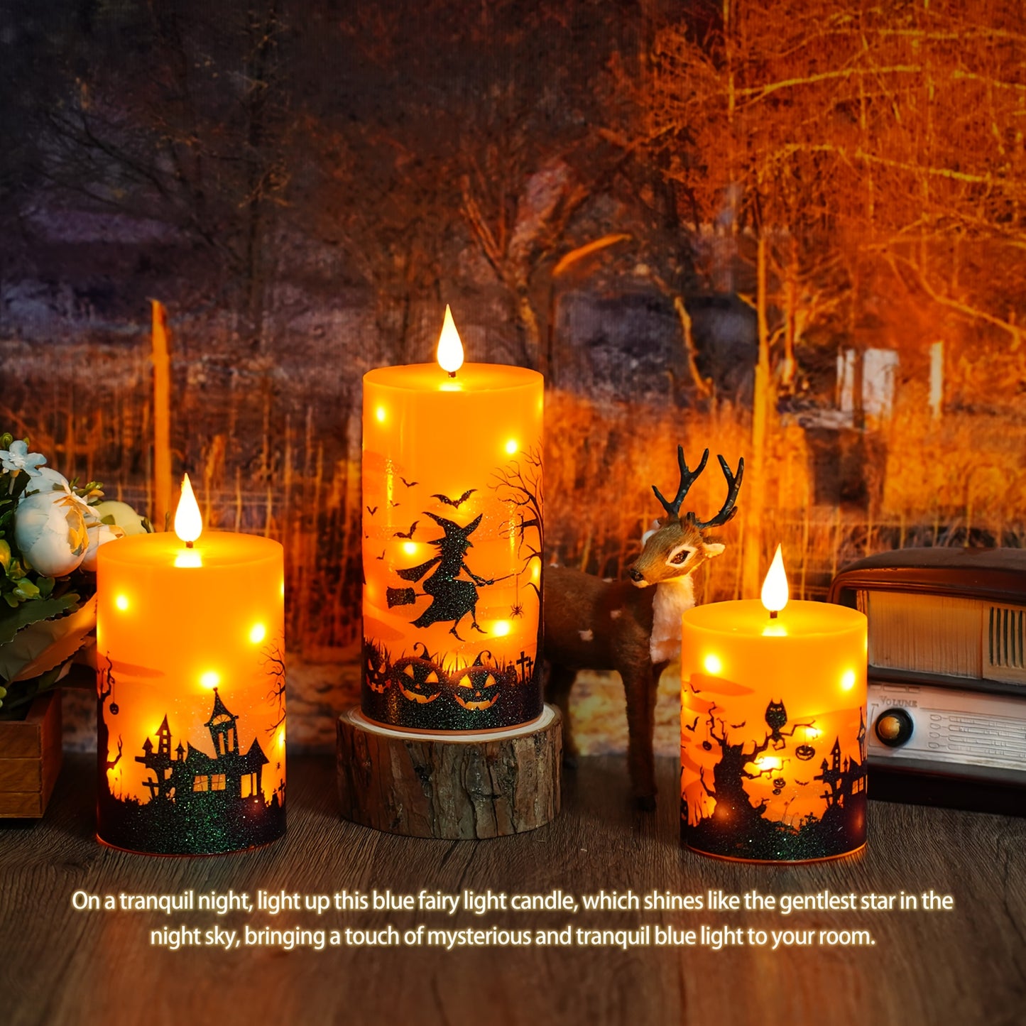 🕯️ 3pcs Halloween Candles – Glittery Witch Hat & Haunted House