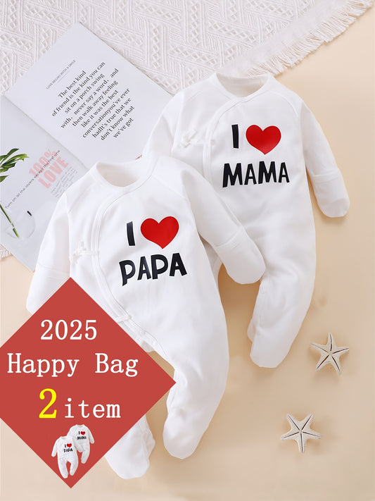 2PCS Baby Bodysuit Set – "Love Mom & Dad" Butterfly Romper with Hand & Foot Covers, Autumn Outfit for Outdoor