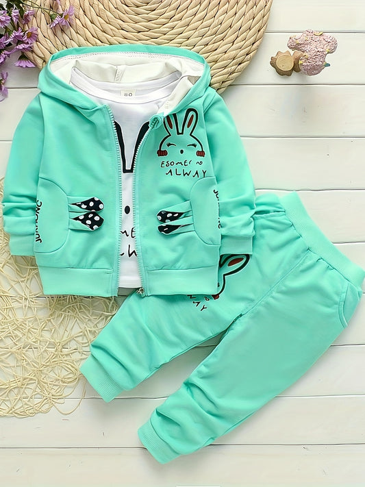 Autumn Girls' Zip-Up Rabbit Cardigan Three-Piece Set – Spring Baby Casual Outfit, Perfect for Outdoor