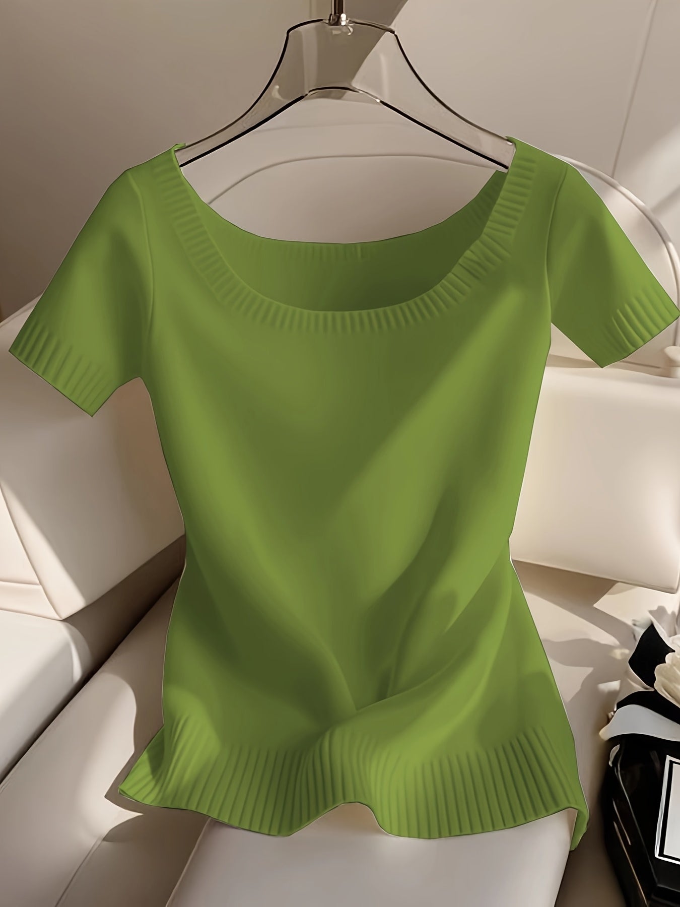 Women’s Elegant Ribbed Top – Short Sleeve Round Neck Casual Summer Blouse