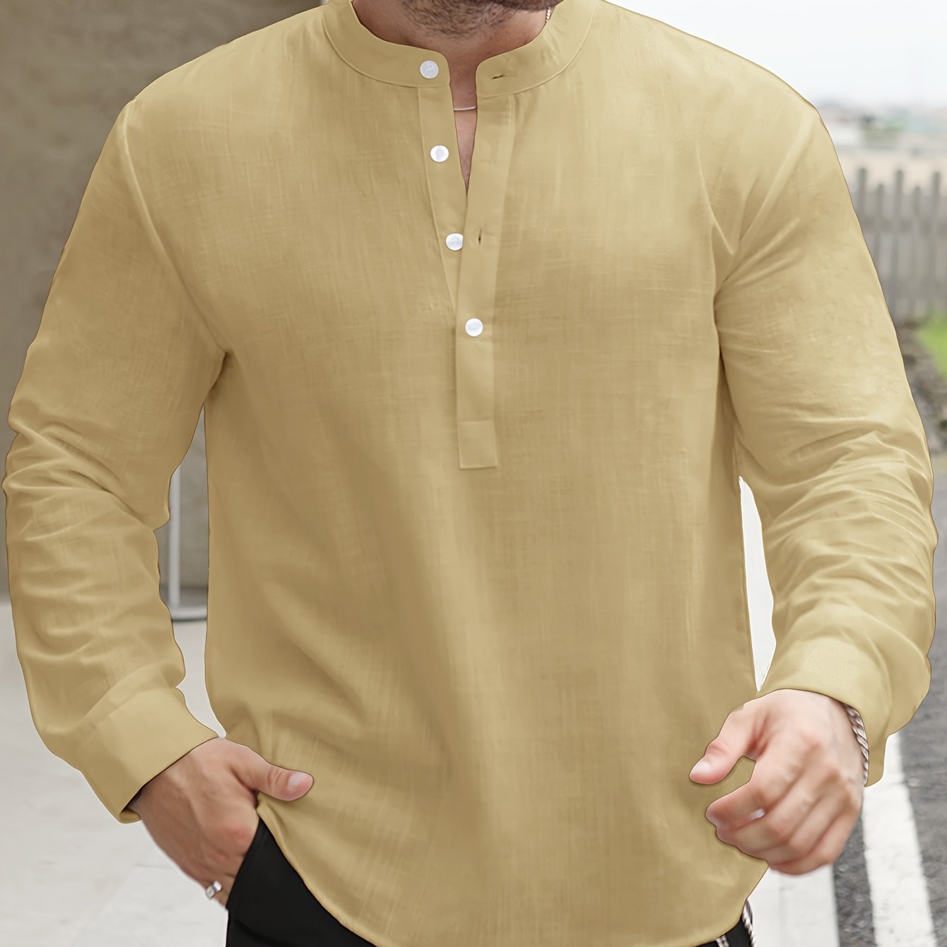 Lightweight Men’s Retro Shirt – Stand Collar Half-Sleeve, Solid Color with Bamboo Pattern