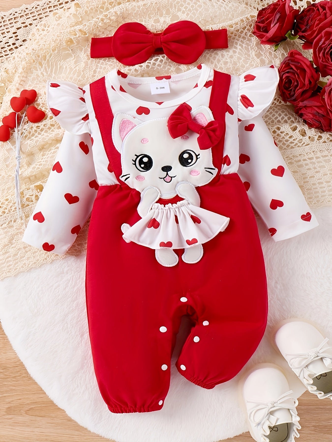 Conjunto de macacão 2 peças para bebé 0–18 meses – Macacão de manga comprida com folha de lótus e chapéu, bordado de gatinho de desenho animado para outono/inverno