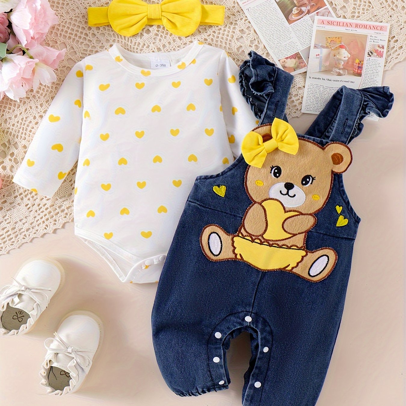 Baby Girl Two-Piece Outfit – Bear Romper & Denim Strap Pants, 0-18 Months
