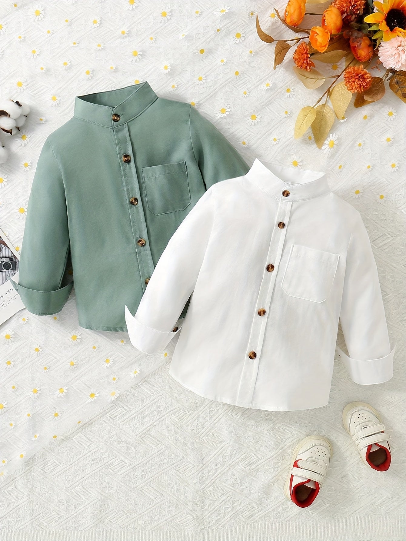 Boys’ 2PCS Stand Collar Long Sleeve Shirt Set – Casual Tops with Pockets